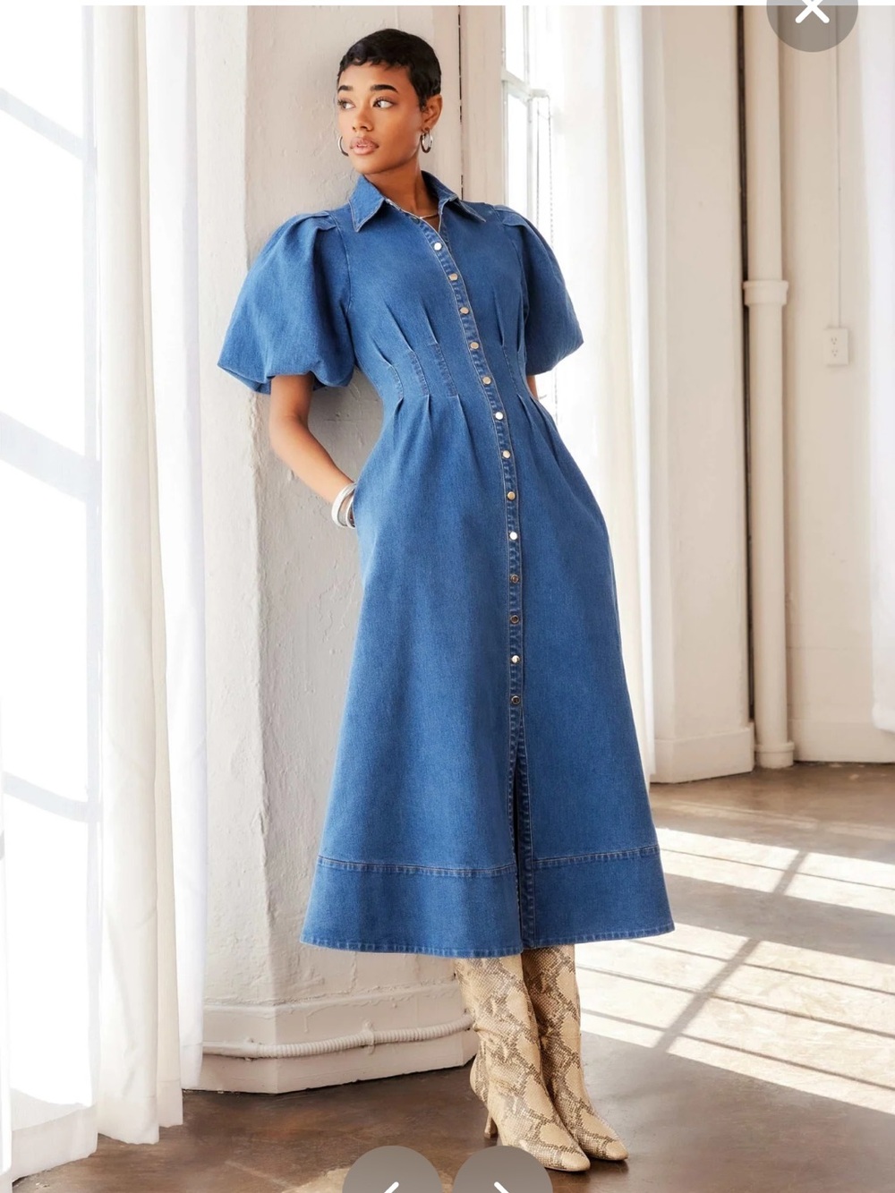 NEW HOUSE OF HARLOW PUFFER AND PLEATED WAIST SLEEVES DENIM
DRESS SIZE 2